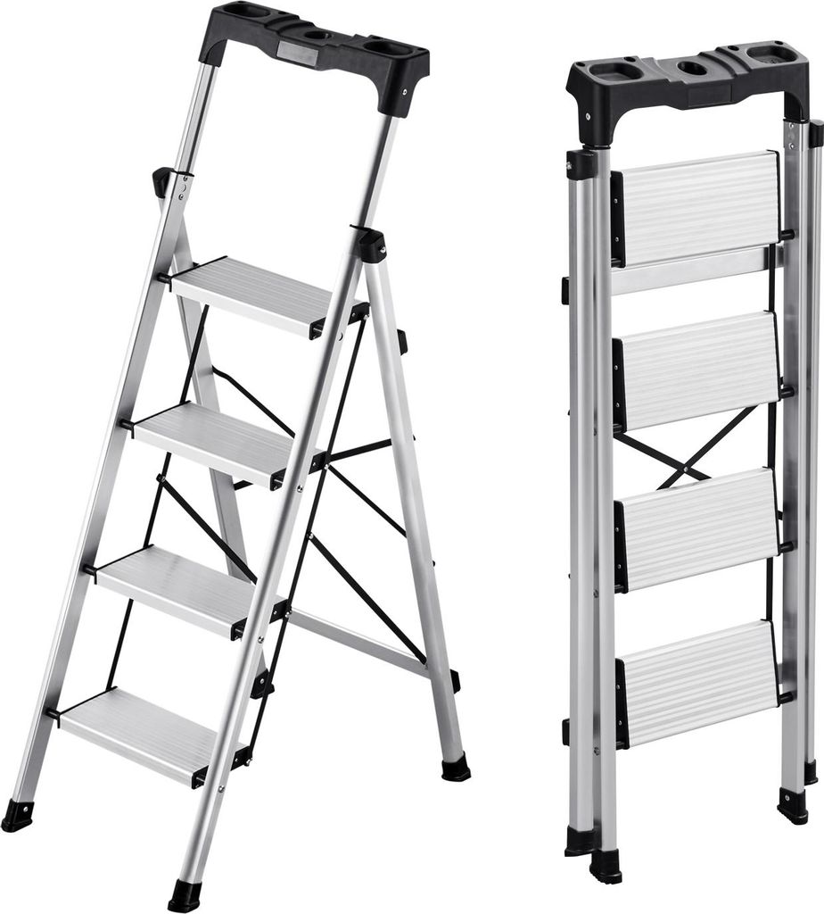 SucceBuy Trittleiter mit 4 Stufen, Klappleiter aus Aluminium mit rutschfesten Stufen und ergonomischem Handgriff, belastbar bis 150 kg, vielseitig ...