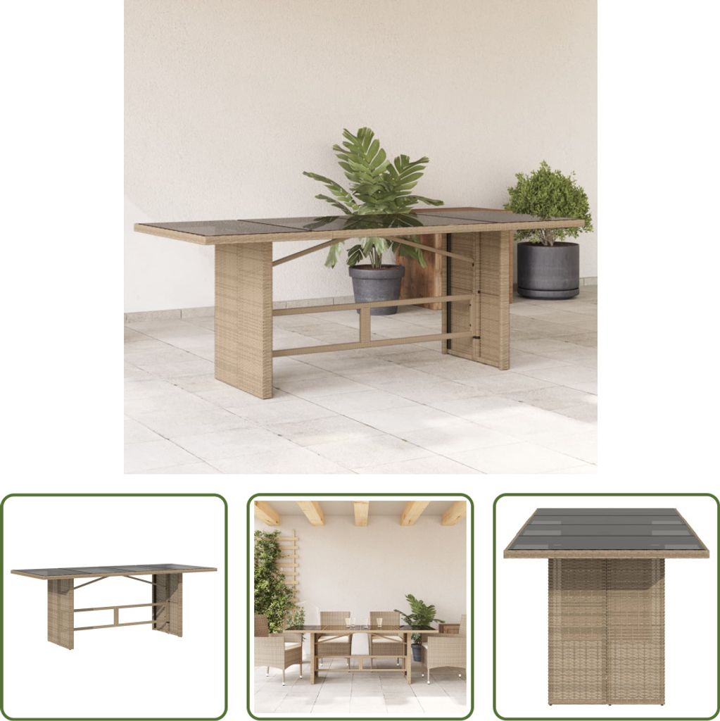 The Living Store Gartentisch mit Glasplatte Beige 190x80x74 cm Poly Rattan