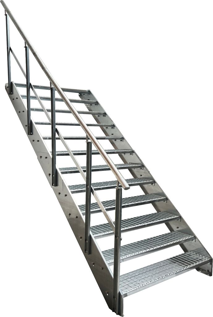 Stahl Wangentreppe Gitterroststufen 12 Stufen Geländer Links - Verzinkt - (B x H x T) 80 x 228 x 234 cm