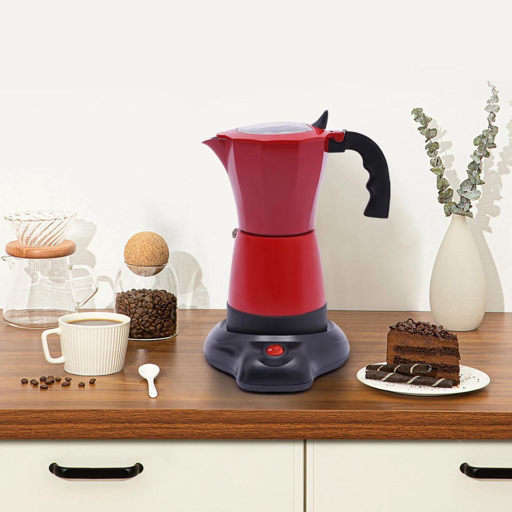 Elektrische Espressokanne - Moka-Kocher - 300 ml - 6 Tassen - 480 W - Heizsockel - Aluminiumlegierung - Rot