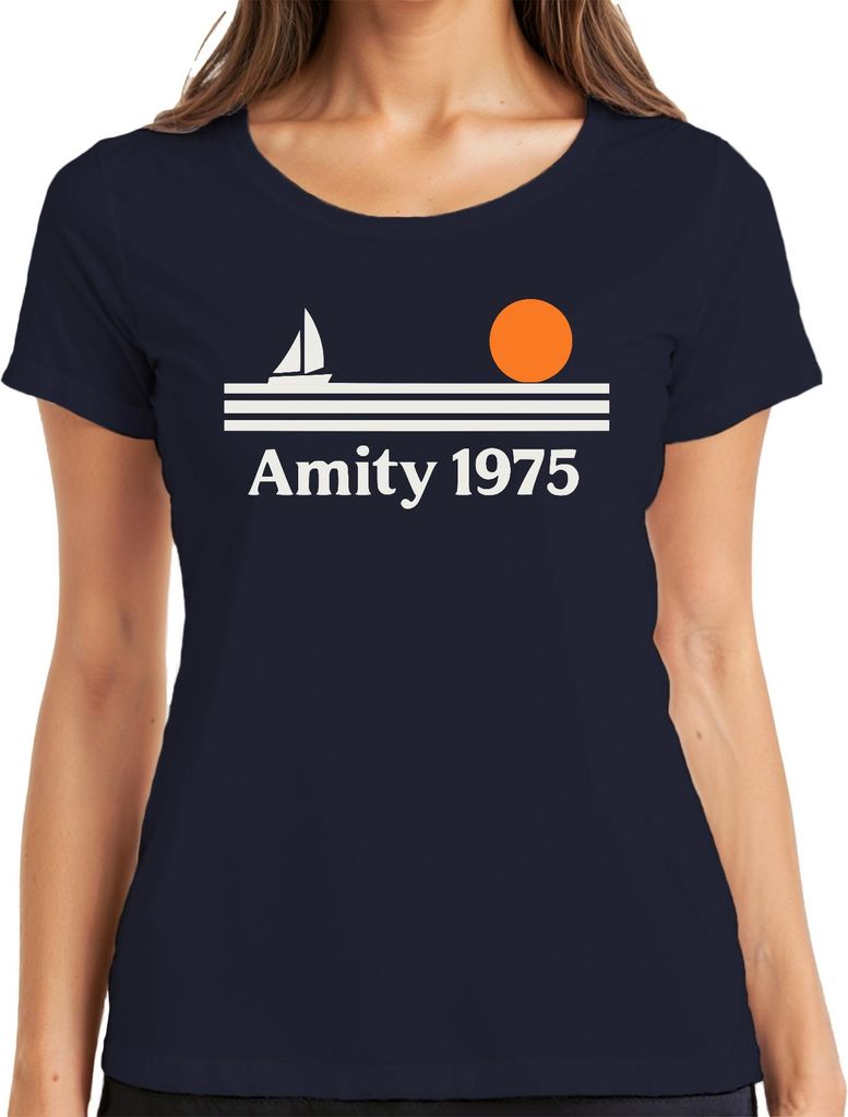 Amity 1975 Segelboot Sonnenuntergang Retro Maritim Strand Insel Damen T-Shirt, Navy, XL