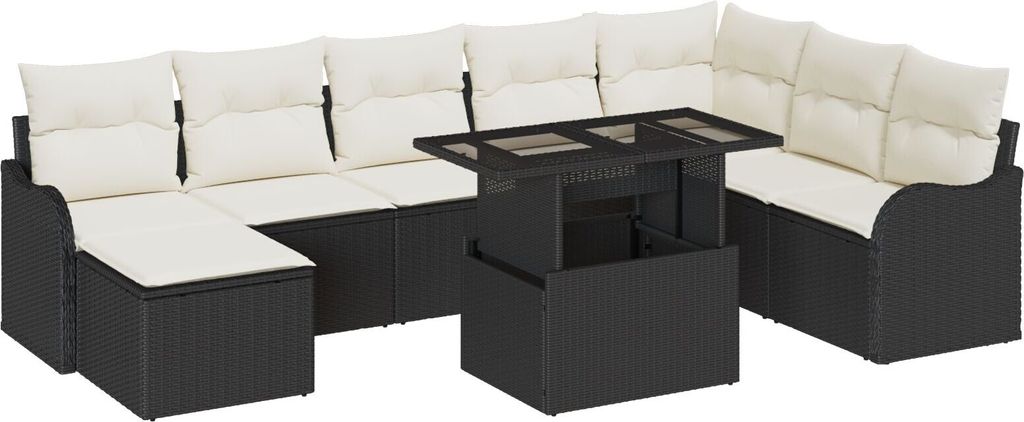 Möbel 9-teilige Garten Sofa Set mit Kissen Schwarz Poly Rattan, 2-Sitzer Garten Sofa mit Stauraum & Kissen Schwarz Poly Rattan - Gartensofas 3357250