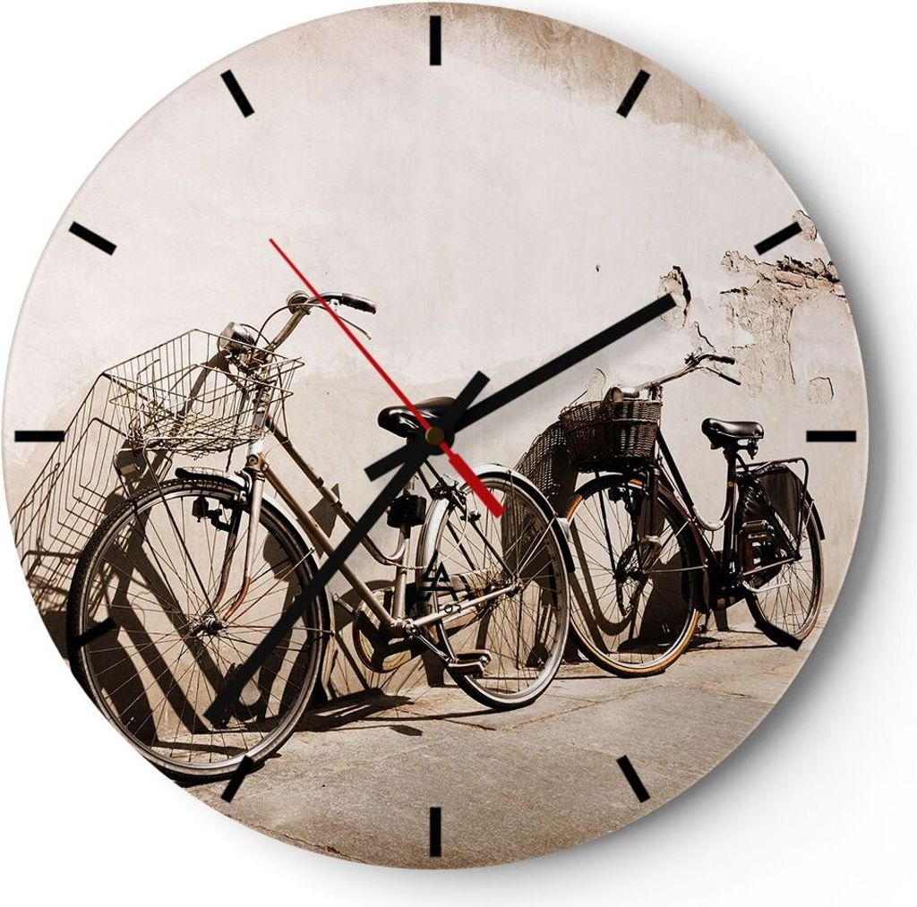 Wanduhr - Rund - Glasuhr - Fahrrad Ziegel Stadt Italien - 40x40cm - Schleichendes Uhrwerk - Lautlos - zum Aufhängen bereit - Dekoration Modern - W...