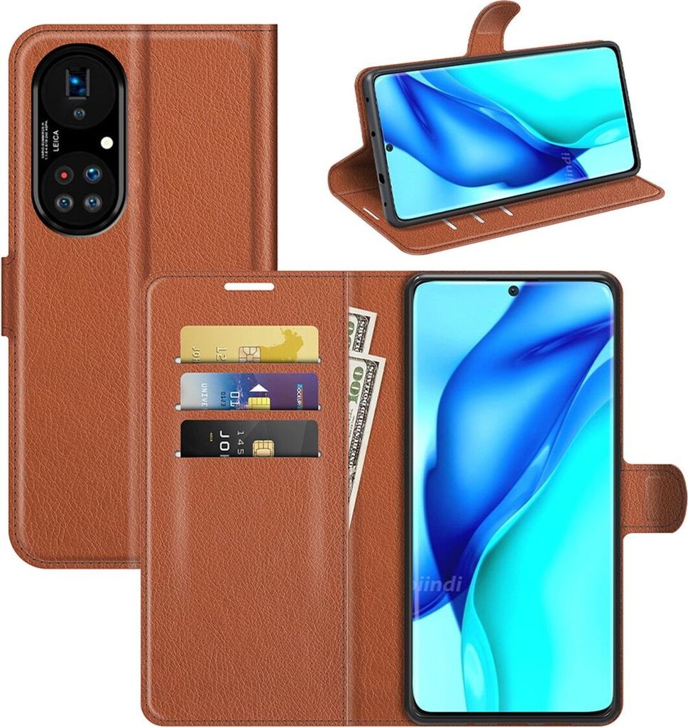 Schutzhülle für Huawei P50 Pro Case Handy Hülle Cover Case Schutztasche Wallet Etuis, Farbe:Braun