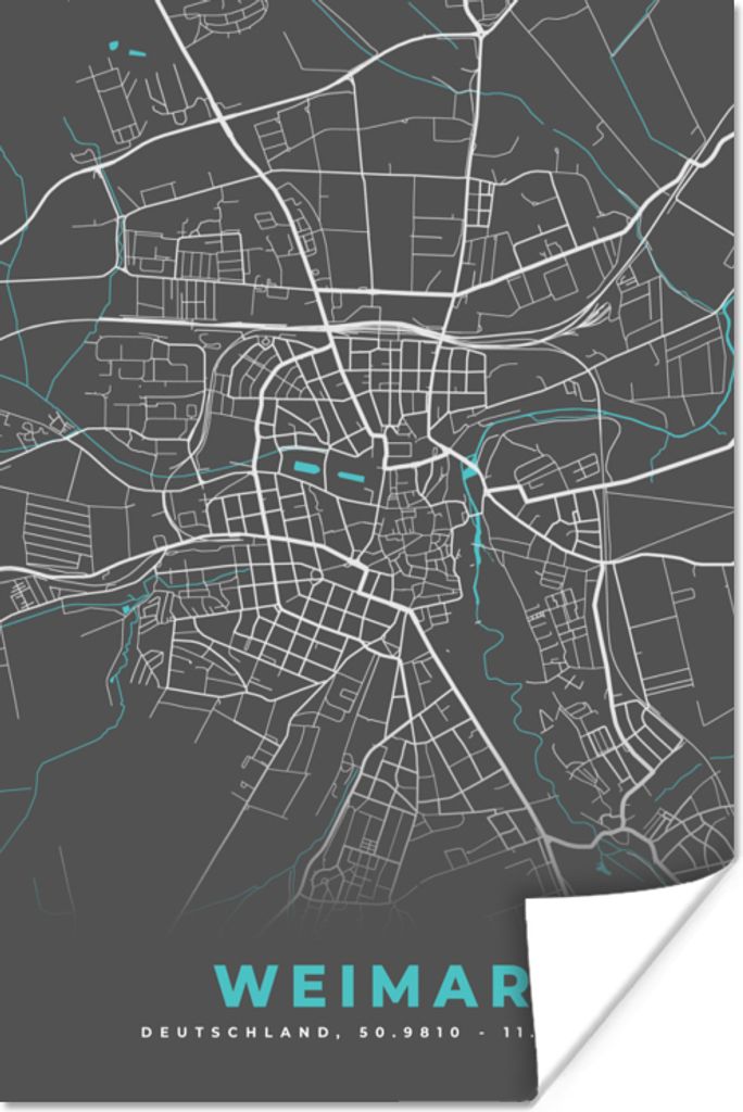 MuchoWow Poster Deutschland - Blau - Weimar - Stadtplan - Karte 20x30 cm - Papierdruck