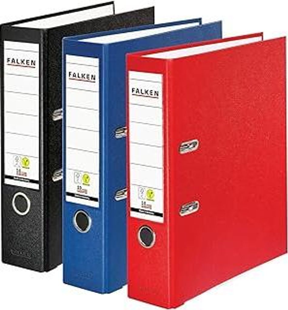 Original Falken 3er Pack PP-Color Ordner. Germany. 8 cm breit DIN A4 farbig sortiert Vegan Kunststoff-Ordner Ringordner Aktenordner Briefordner B...