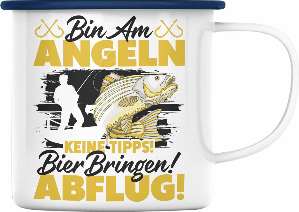 Trendation - Angler Emaille Tasse Geschenkidee für Fischer mit Spruch Witzig Für Männer Geschenk Becher (Blau)