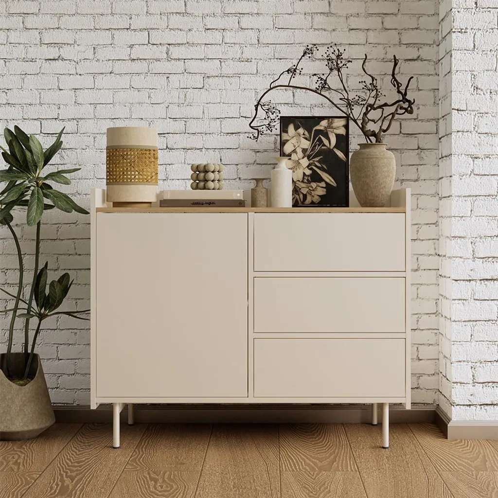 Vicco Velina Commode Crème 100x82cm avec 3 Tiroirs et 1 Porte Modèle 56425