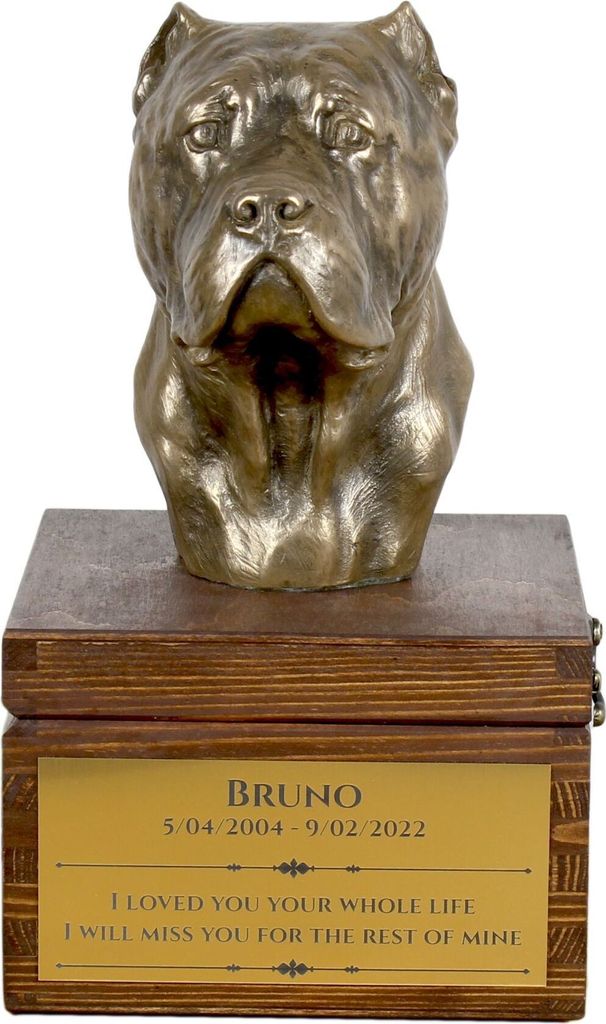 Cane Corso, Italienischer Corso-Hund, Cane di Macellaio - Eine Ascheurne für Hunde mit einer Statuette, eine kleine Urne für Hunde, eine personal...