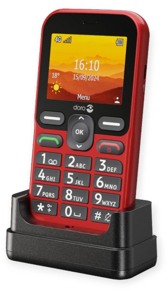 A red Doro Leva L10 mobile phone is shown in its charging dock.