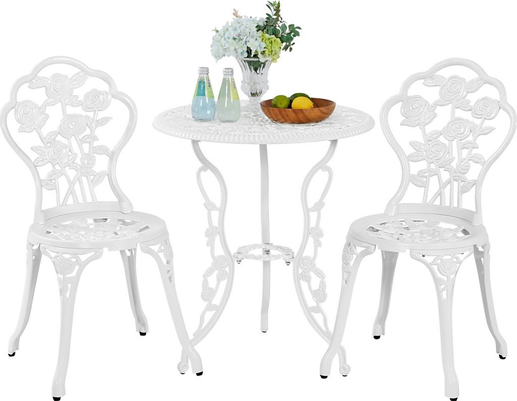 Yaheetech 3-tlg. Bistro Set im antiken Stil, inkl. 1 Gartentisch & 2 Gartenstühle, aus Metall, Aluguss, Balkonset Gartenset, Weiß