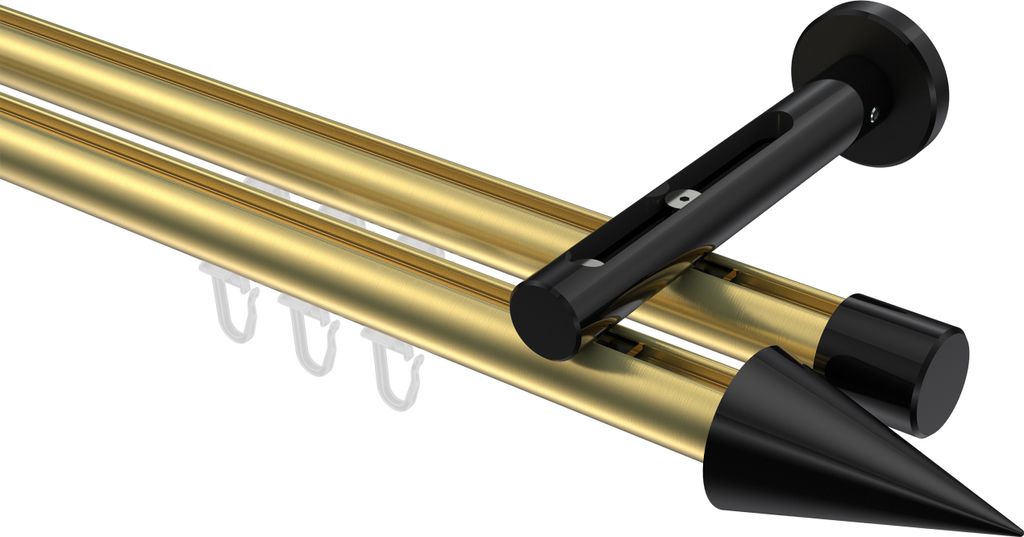 Interdeco Innenlaufstange / Gardinenstange mit Innenlauf Messing-Optik / Schwarz, Typ Siteno Savio (Kegel), 20 mm Ø 2-läufig, 220 cm