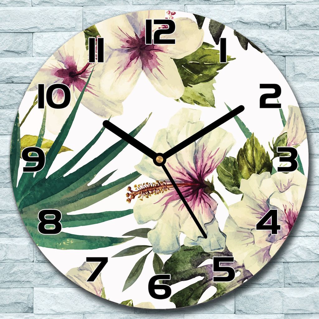 Wanduhr aus Glas Rund fi 30 Hibiskus Blumen Quarz Deko Wohnzimmer Büro