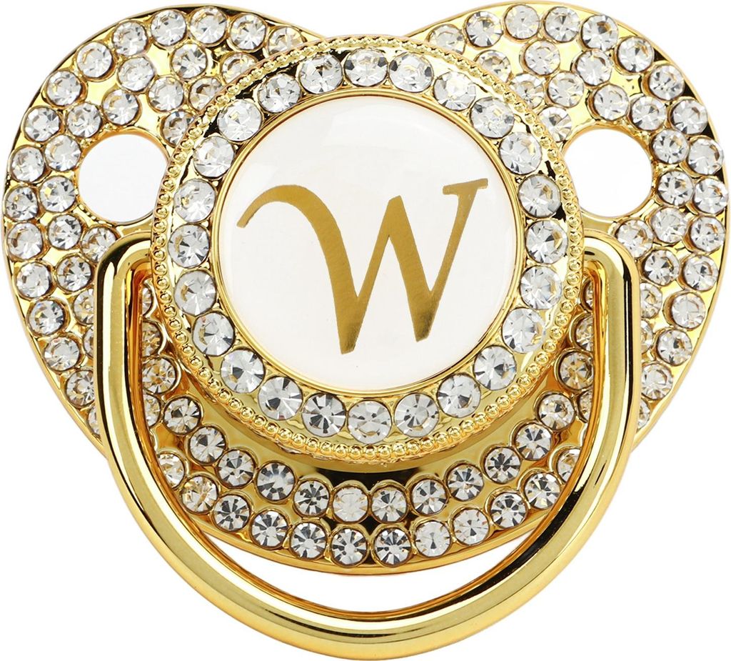 Baby Bling Schnuller Goldener Clip Buchstabe gebogen mit Staubschutz für Neugeborene W