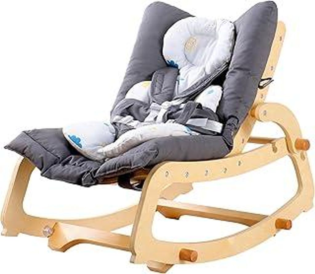 MALLBEST 3-in-1 Babywippe mit Doppelpolsterung, Verstellbarer Holz-Rocker-Stuhl für Säuglinge bis Kleinkinder (Grau)