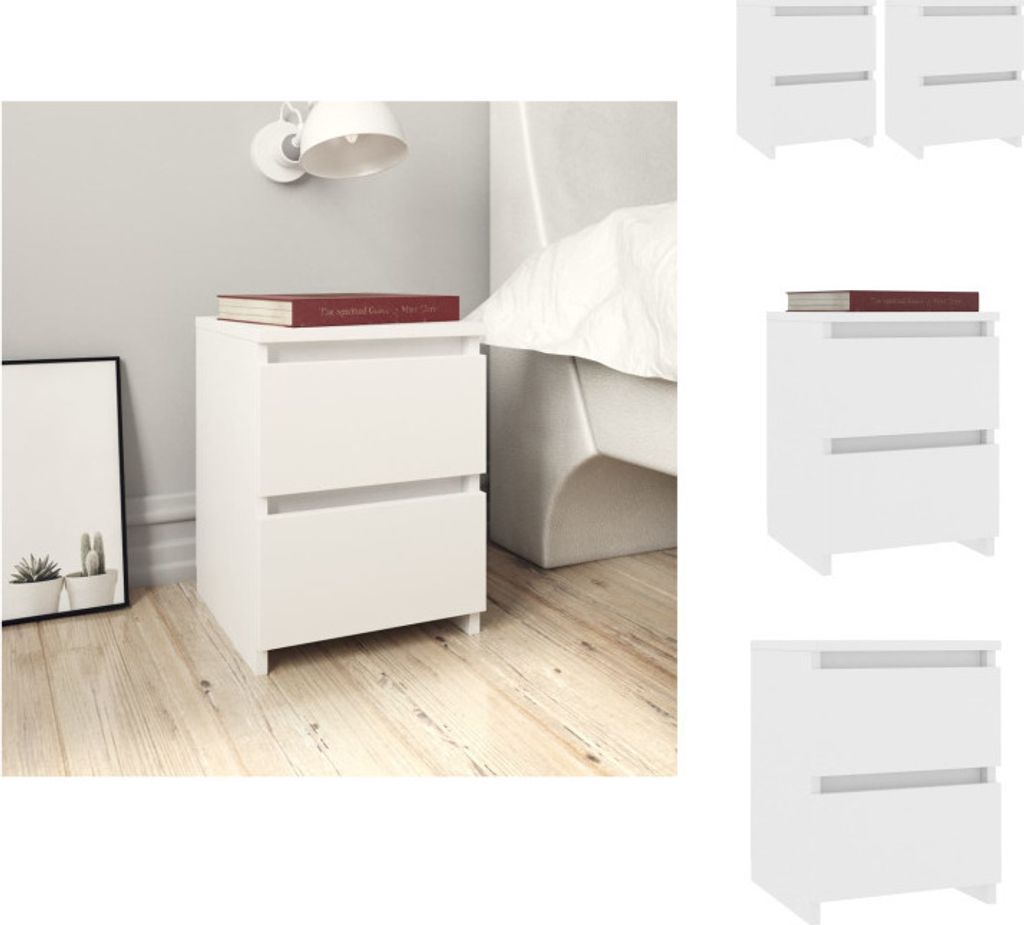 A white nightstand with two drawers sits next to a bed, with a book on top. A framed picture is on the wall to the left.