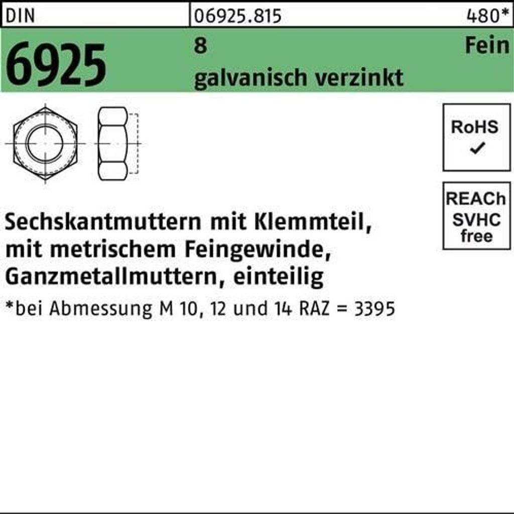 Reyher Sechskantmuttern DIN 6925 8 M 16 x 1,5 galv. vz (100 Stück)