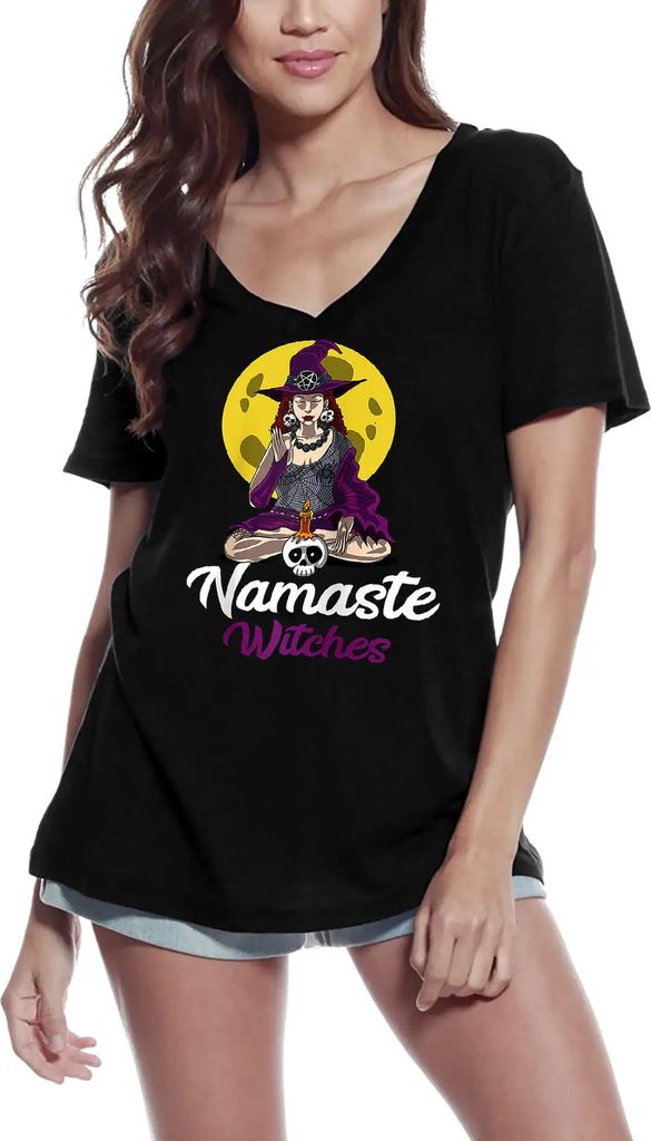 Damen Grafik T-Shirt V-Ausschnitt Namaste Hexen - Yoga Frieden – Namaste Witches - Yoga Peace – Öko-Verantwortlich Vintage Jahrgang Kurzarm Lu...