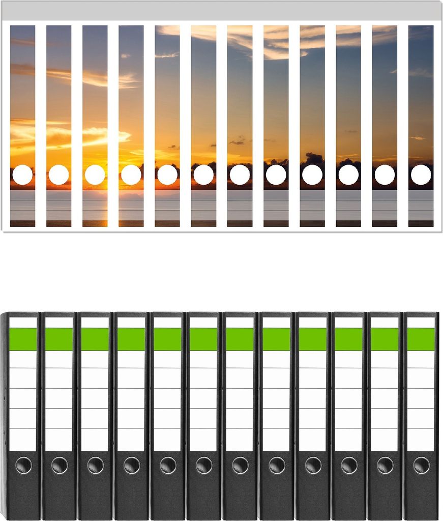 Wallario 12 Stück schmale Ordner inkl. Klebeetiketten mit Motive Abenddämmerung über dem Wasser - Set mit Rückenschildern / Ordnerrücken Stic...