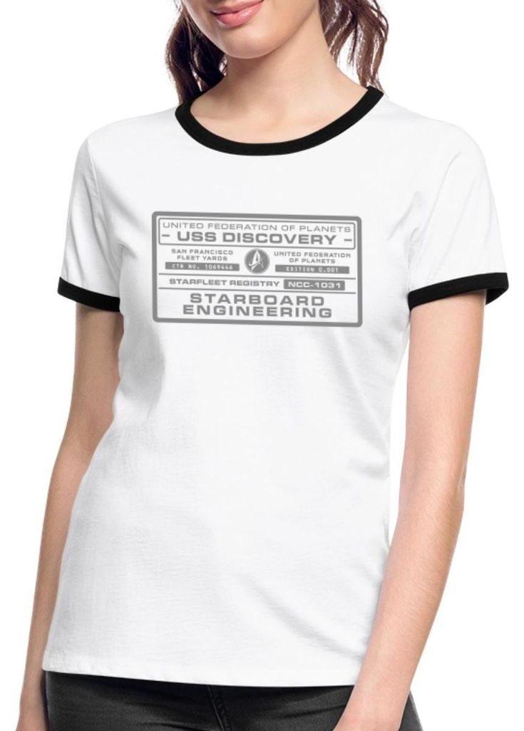 Spreadshirt Star Trek Discovery Raumschiff Plakette Frauen Kontrast T-Shirt, L, Weiß/Schwarz