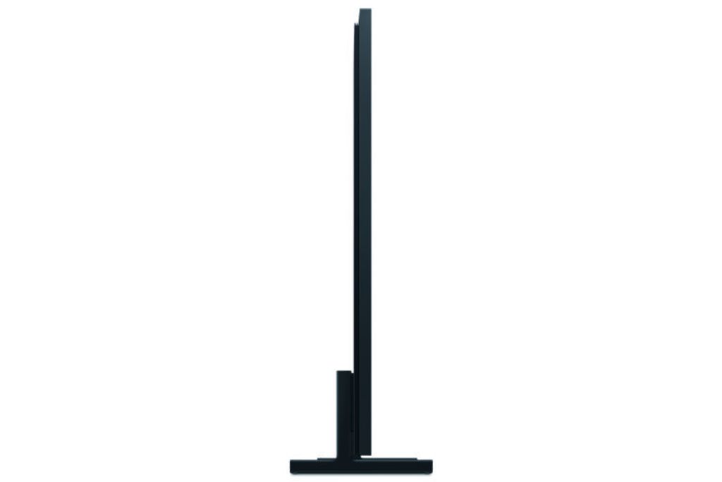 A side view of a black television on a stand, isolated on a white background.