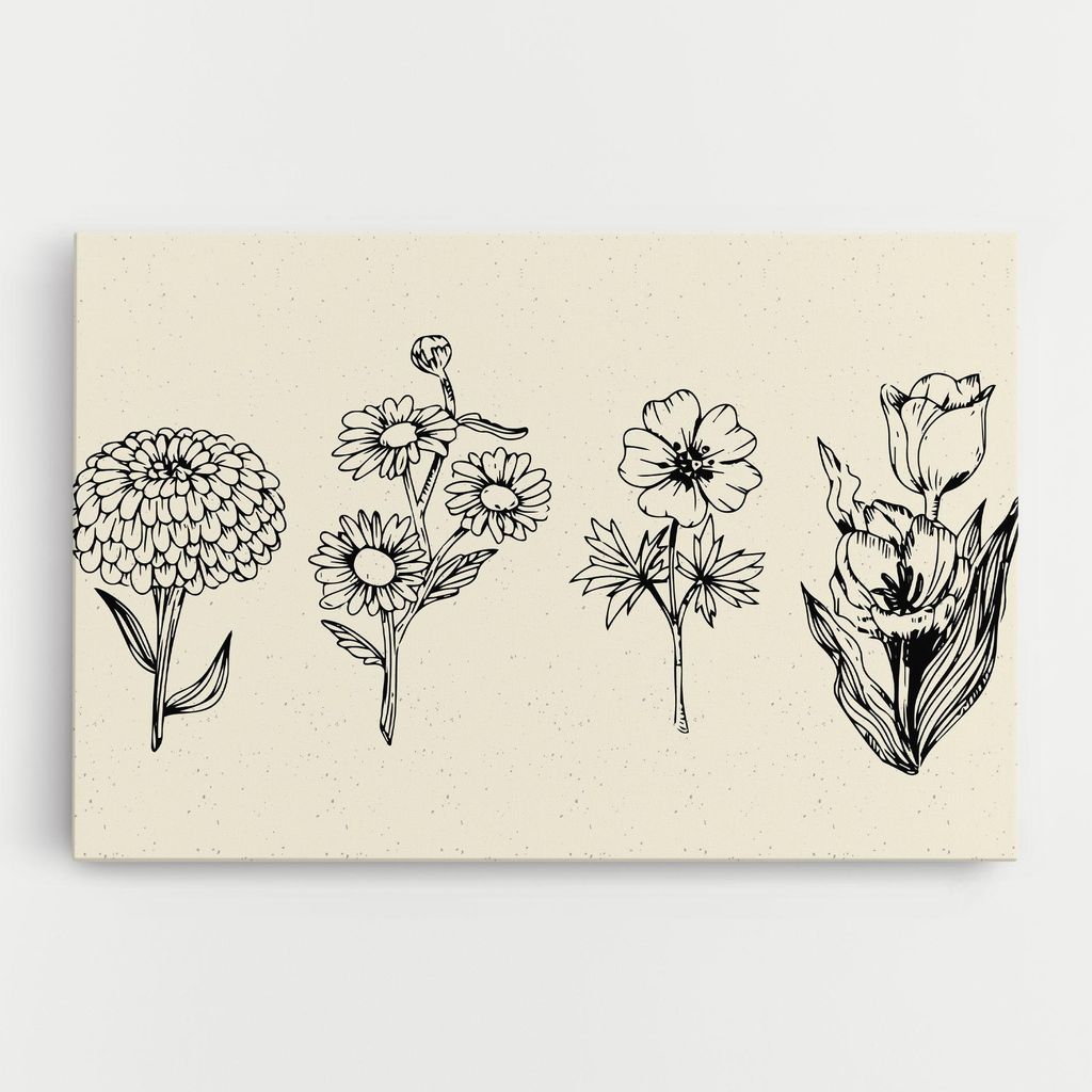 ARTHUB Leinwandbild 50x70 cm, Black Line Cream | Wohnzimmerdekoration, Hängende Bilder, Wanddekoration, Heimdekoration, Blumen, Gezeichnete Blumen