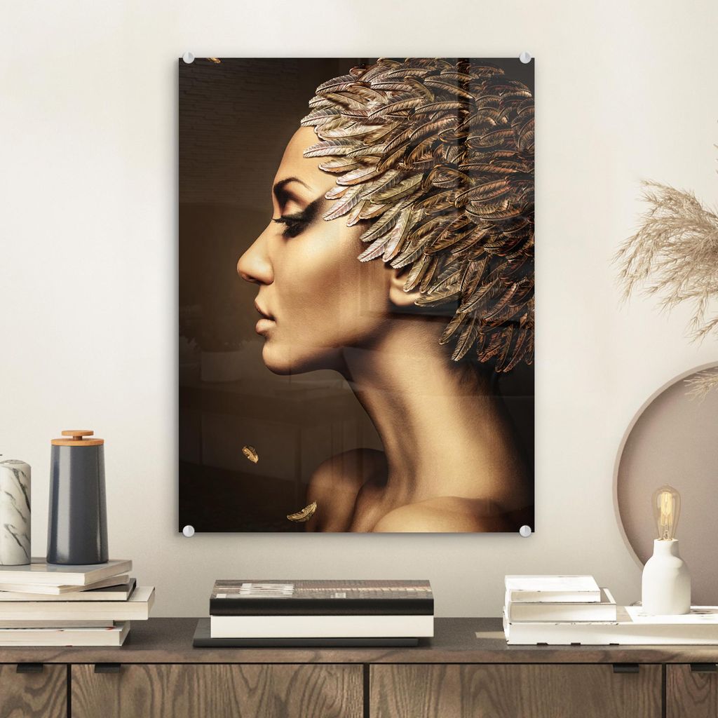 MuchoWow Glasbilder - Bilder auf Wandbild - Foto auf Glas Frau - Abstrakt - Gold - Porträt 30x40 cm Wanddekoration aus Glas - Acrylglasbild - Acry...