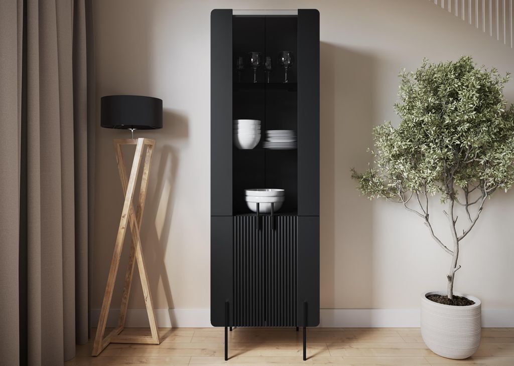 Witryna do salonu ryflowana 60 cm czarny mat czarne nóżki Zdjęcie produktu 
