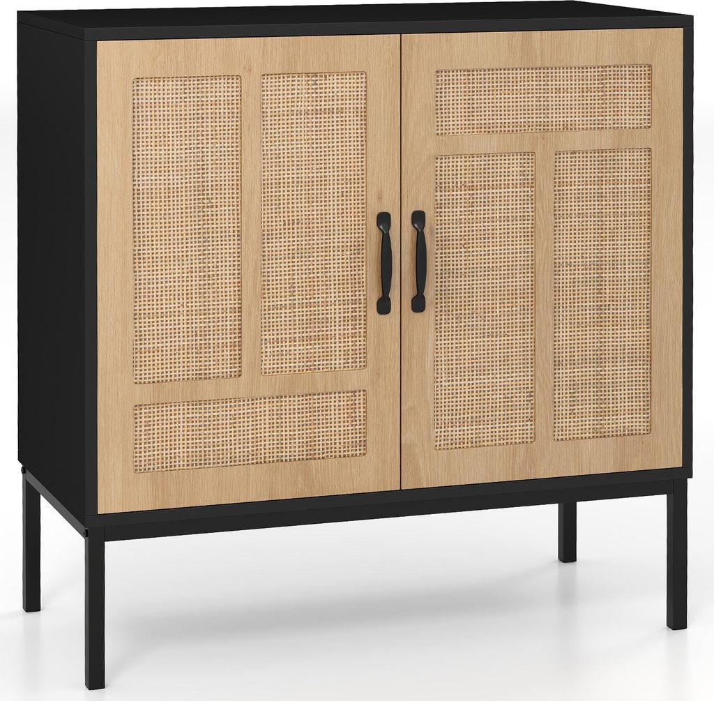 COSTWAY Sideboard Rattan Aufbewahrungsschrank, Boho Buffet Akzentschrank, Buffetschrank mit 3-Fach verstellbarem Regal & 2 Türen, Schwarz