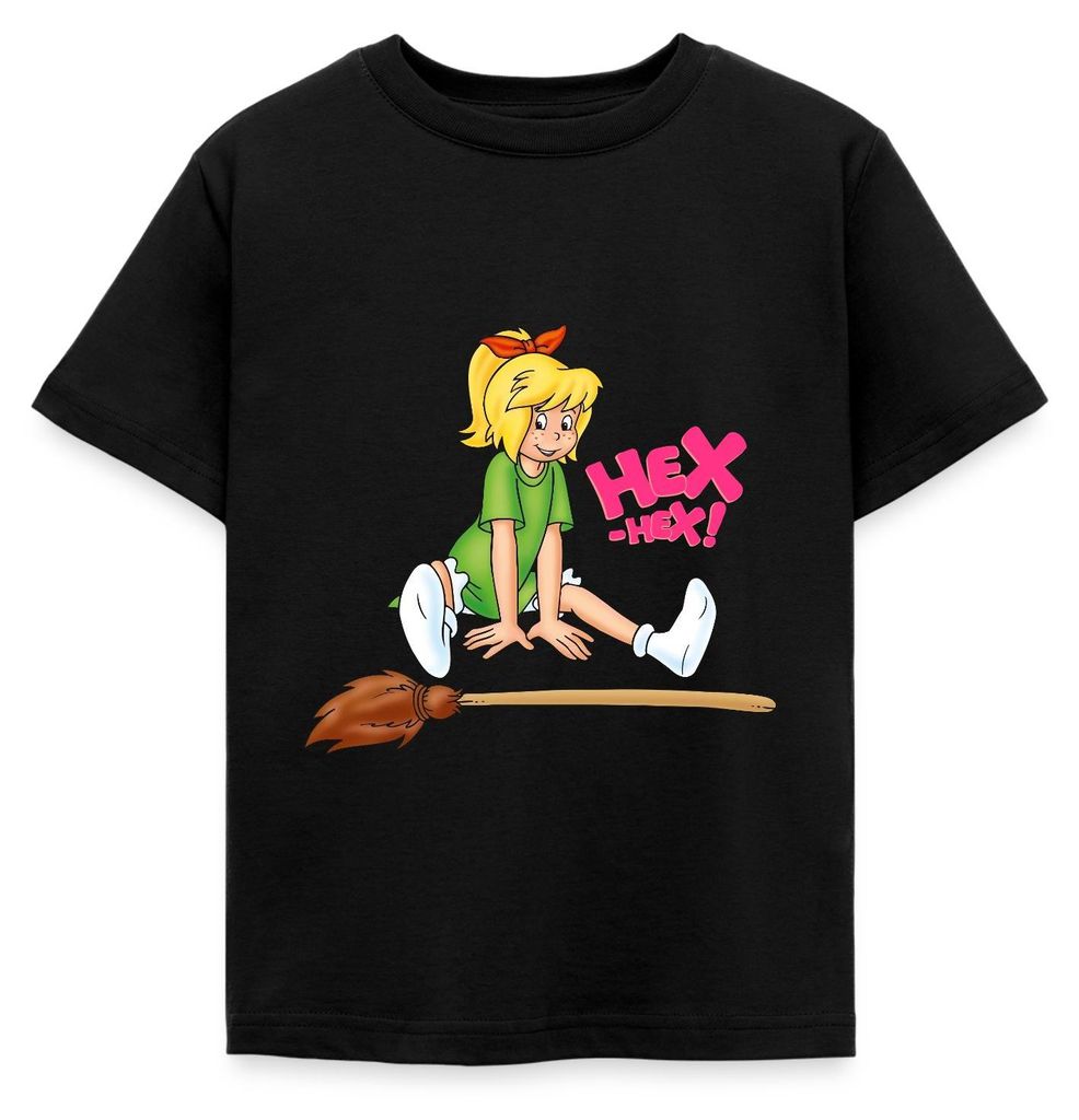 Spreadshirt Bibi Blocksberg Hex-Hex Flieg Los Kartoffelbrei Kinder T-Shirt, 122/128 (7-8 Jahre), Schwarz