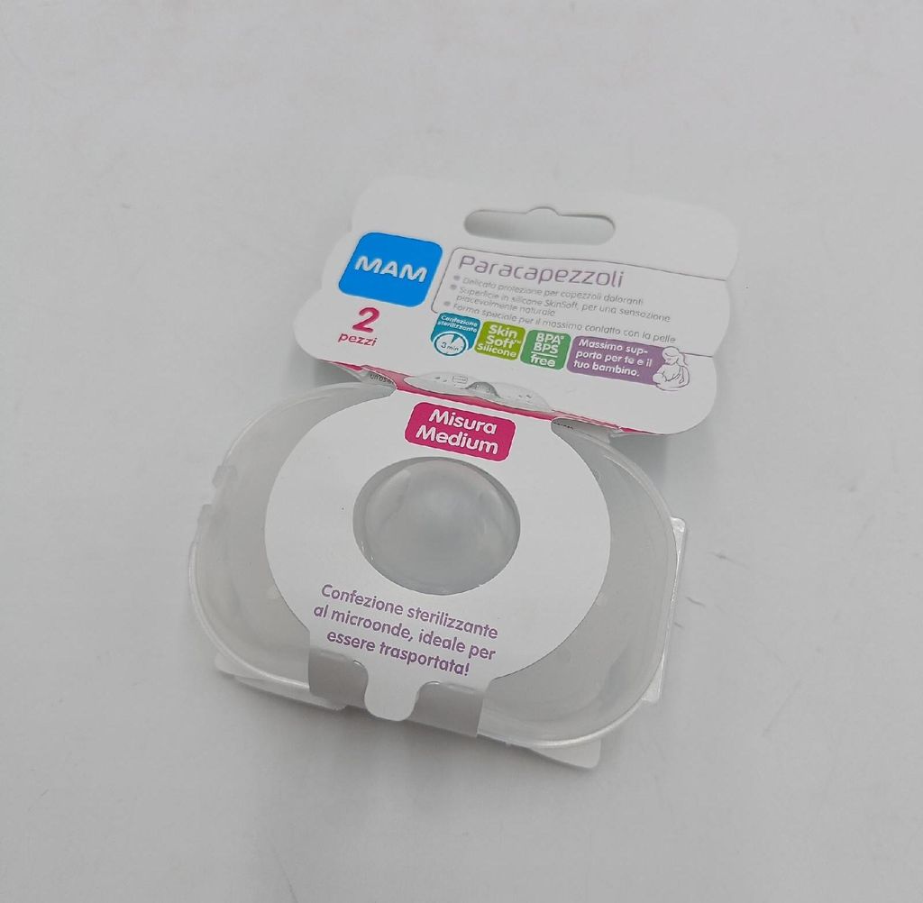 A product package for MAM nipple shields, showing the packaging and the product inside.