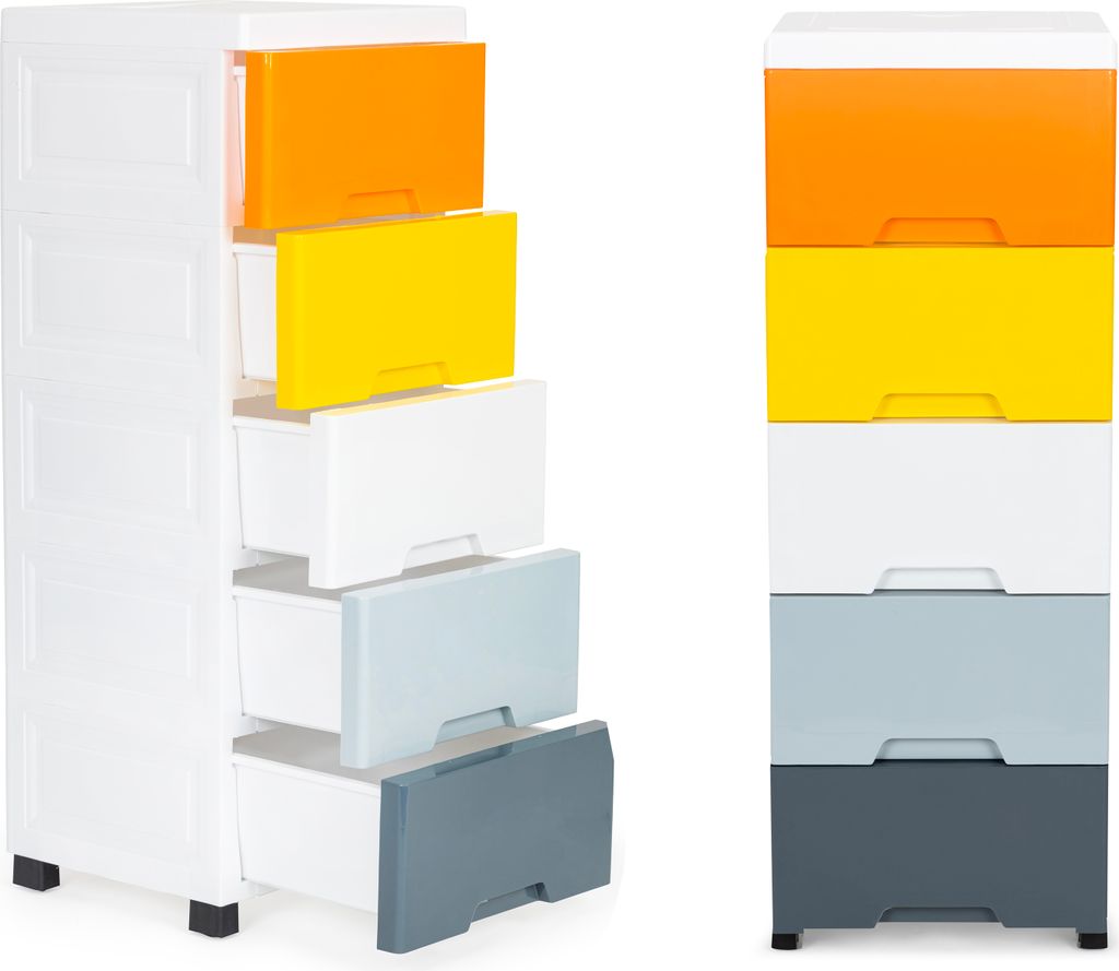 Two views of a white plastic storage cabinet with five drawers of different colors.