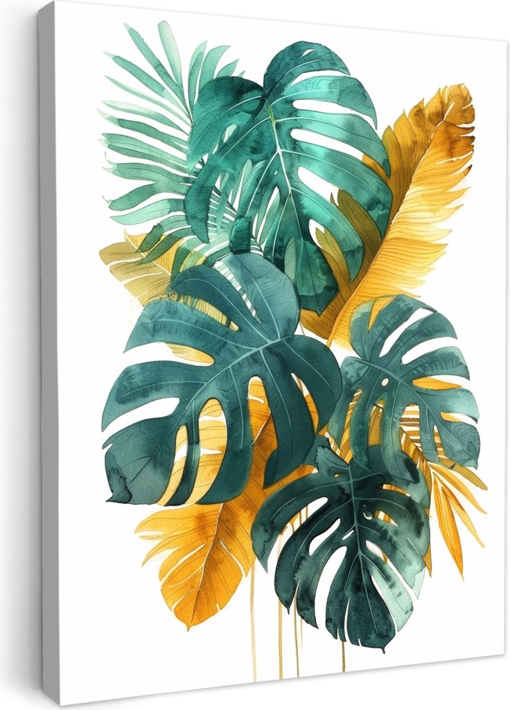 MuchoWow - Leinwandbilder - Blätter - Tropisch - Gold - Grün - Modern, Wandbild, Wanddeko Bilder Wohnzimmer, 30x40 cm