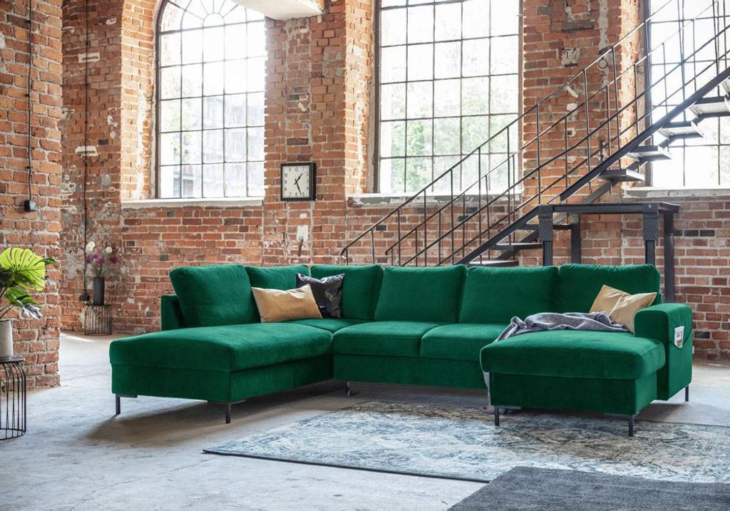 MIUFORM Lofty Lilly - Ecksofa mit Bettfunktion und Bettkasten U-FORM LINKS - 303 x 197 cm - Velours Flaschengrün - Sofa Schlafsofa Couch