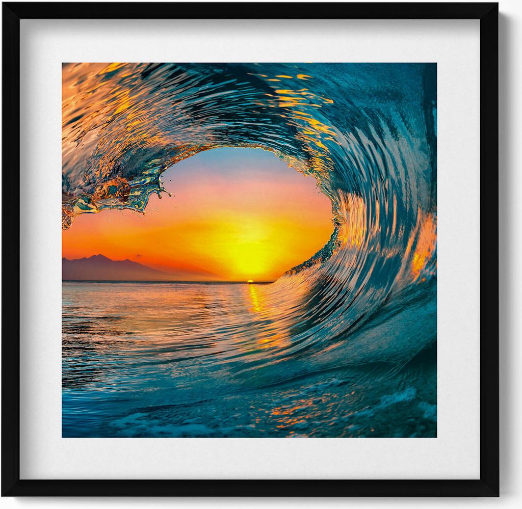 Wasserwelle bei Sonnenuntergang– Wandbild mit Rahmen – Gerahmtes Bild – Wanddekoration – 50x50 cm – Schwarz Rahmen