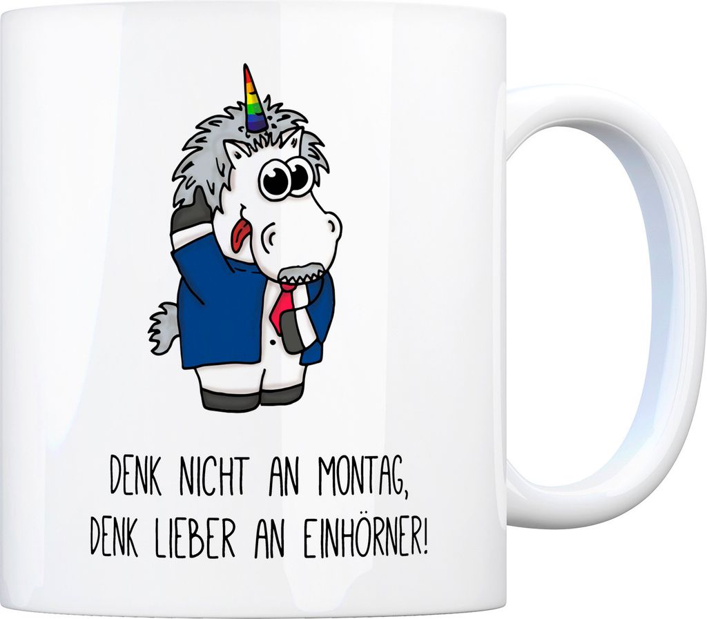 Honeycorns Kaffeebecher mit Einhorn Motiv und Spruch: Denk nicht an Montag