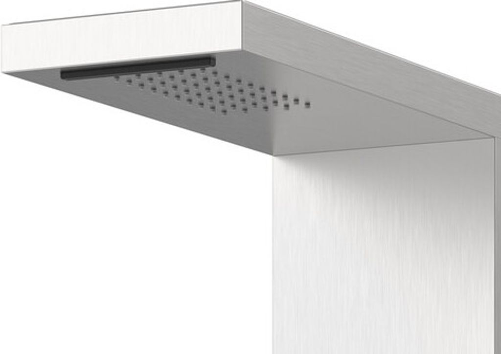 A close-up view of a modern shower head and part of the shower arm, against a white background.
