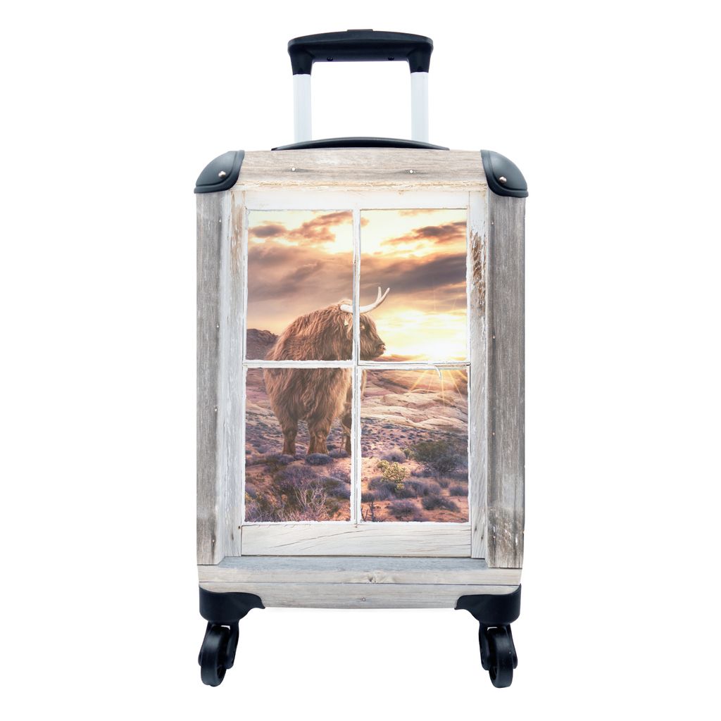 MuchoWow Koffer Handgepäck Trolley Rollkoffer Kleine Reisekoffer mit 4 Rollen - Schottischer Highlander - Ansicht - Düne - Cabin Size < 55x40x2...