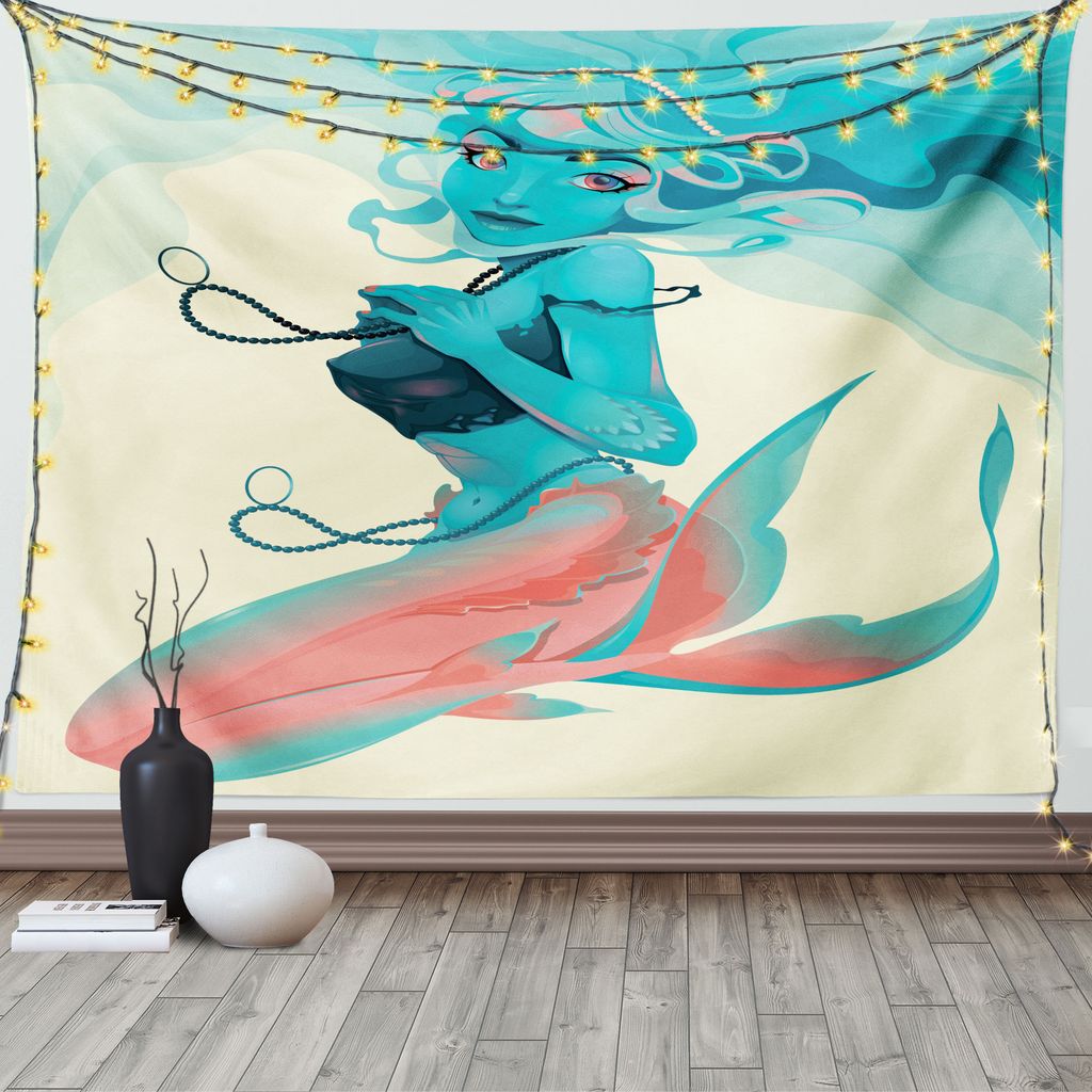 ABAKUHAUS Mädchen Wandteppich, Gotisches Meerjungfrau-Porträt, Wohnzimmer Schlafzimmer Heim Seidiges Satin Wandteppich, 200 x 150 cm, Creme Teal ...