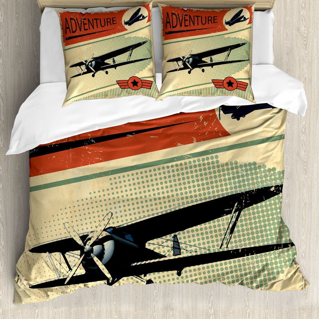 ABAKUHAUS Jahrgang Bettbezug, Abenteuer mit dem Flugzeug, Milbensicher Allergiker geeignet mit Kissenbezügen, 200 cm x 200 cm - 80 x 80 cm, Mehrfa...