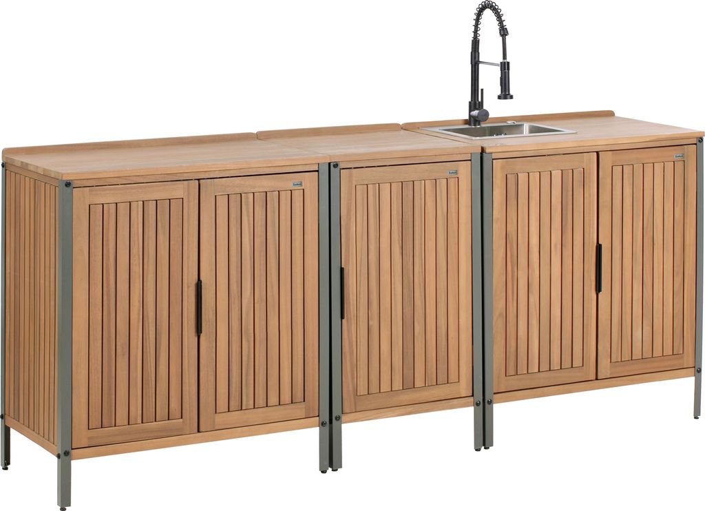 BELIANI Outdoor-Küchenschrank Braun u. Schwarz es Akazienholz 3er Set mit Spüle Armatur Modern Outdoor-Küchenmöbel Gartenküche