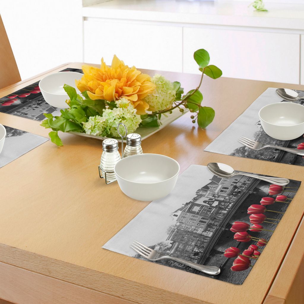 ABAKUHAUS Schwarz und weiß Platzmatten, Einfarbiges Foto von Amsterdam-Kanal mit roten Tulpen und Häusern, Tiscjdeco aus Farbfesten Stoff für da...
