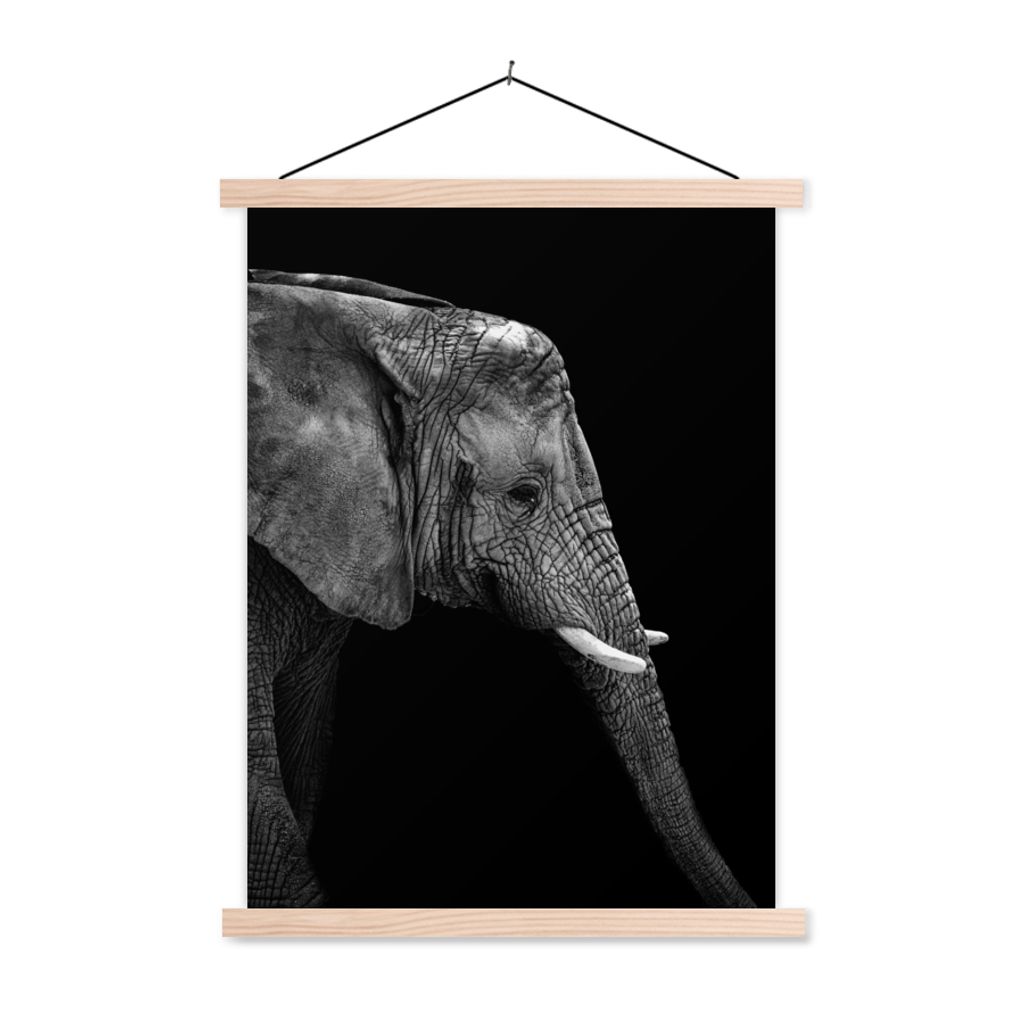 MuchoWow Textilposter Elefant - Schwarz und weiß - Porträt - Tiere 120x160 cm mit holzfarbenen Rahmen - Plakatkarton