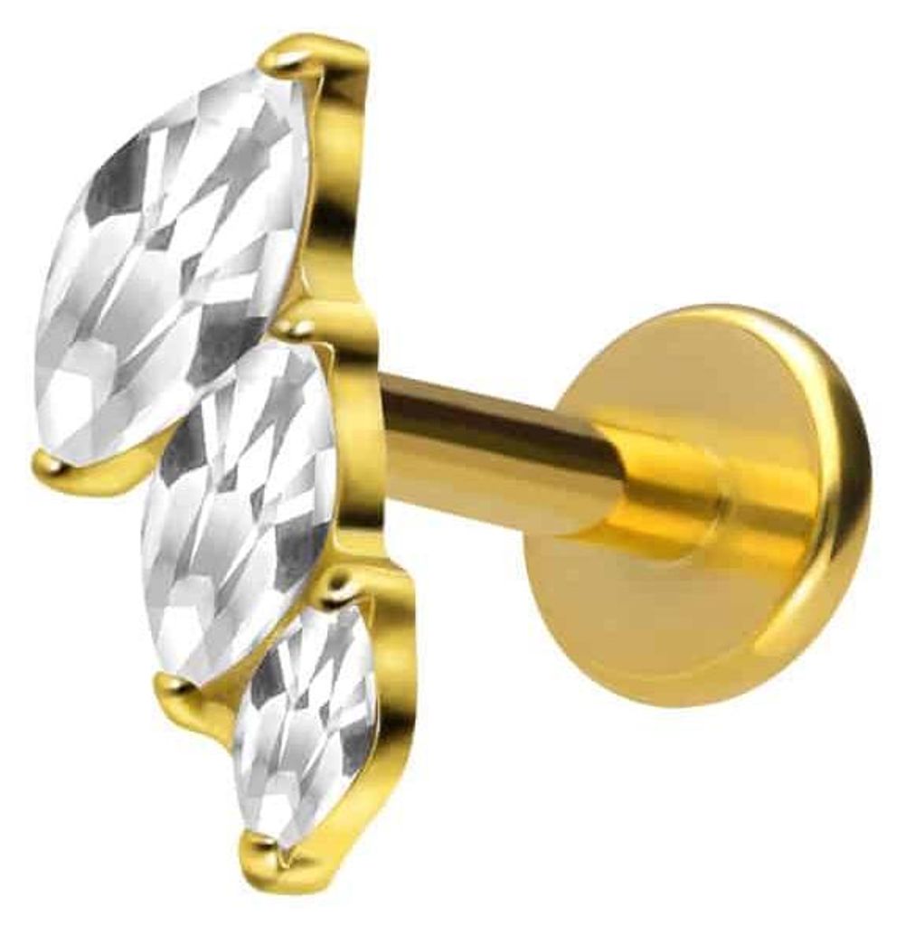Ohrpiercing, Nasenpiercing Titan Labret mit Innengewinde 3 EINGEFASSTE KRISTALLTROPFEN Gold Stablänge: 10mm | Stabstärke: 1,2mm