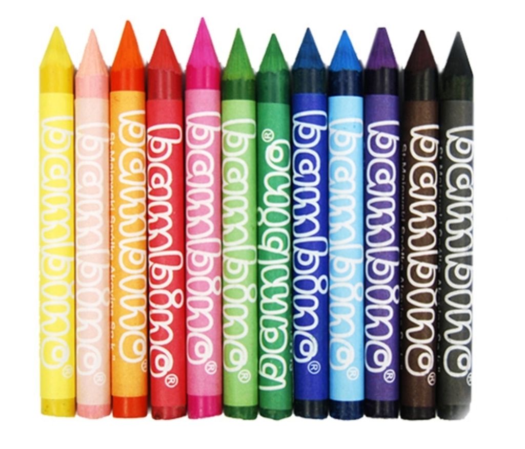 A row of colorful crayons with the brand name 'bambino' printed on them.