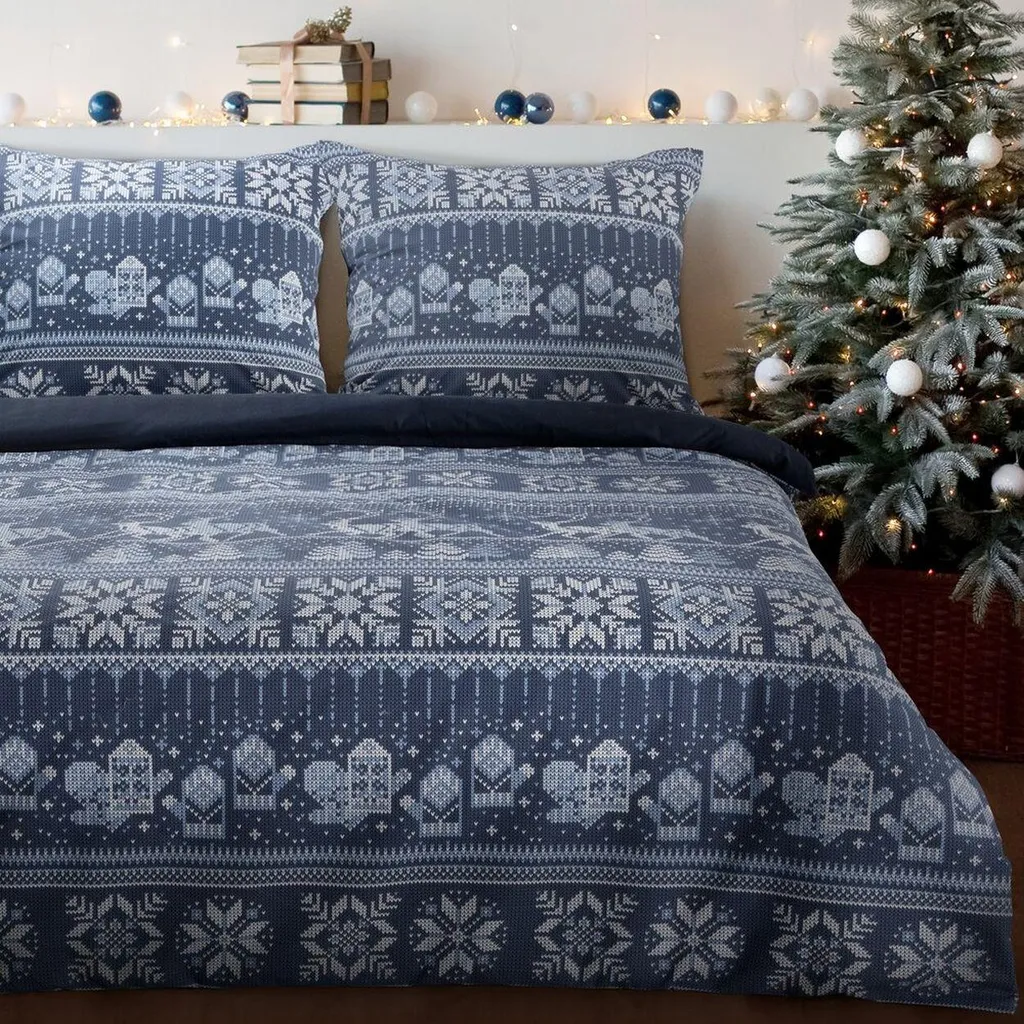EUROFIRANY | Biancheria da letto natalizia - set da letto - cotone - 160 x 200 cm - bianco blu - motivi natalizi - 2