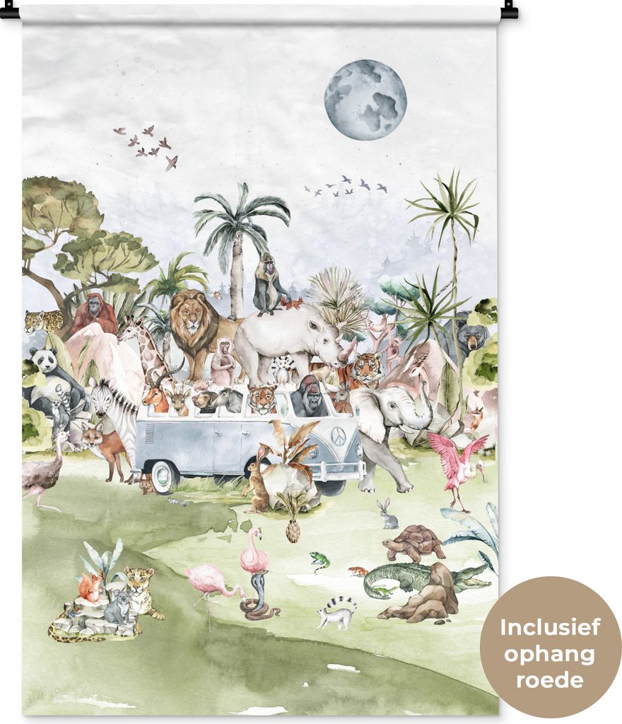 MuchoWow Wandteppich Wandbehang Dschungel - Bus - Tiere - Kinder - Pflanzen 90x135 cm Tapisserie Dekoration Wandtuch - Baumwolle - Wandskulptur