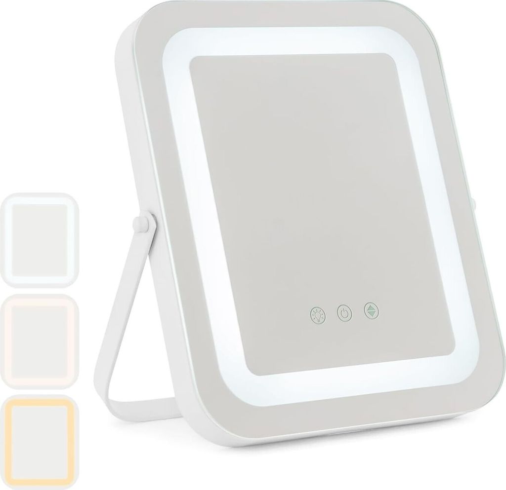 GOPLUS 25×30 cm 360° drehbarer Schminkspiegel, Kosmetikspiegel mit Touchscreen, 3 Lichtfarben, klappbarer Reisespiegel mit Metallhalterung