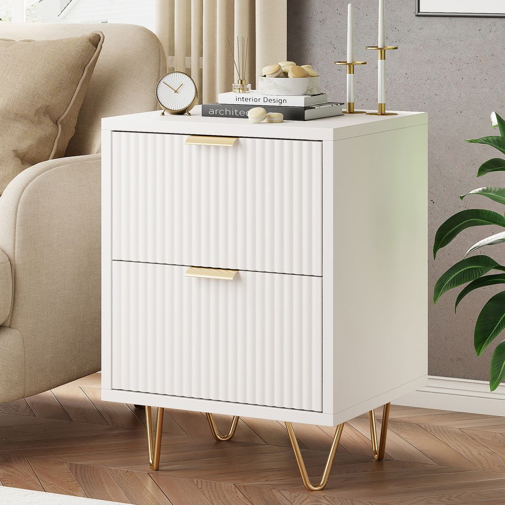 2er-Set Nachttische, geschwungene Schubladen, praktischer Stauraum, robuste Metallschubladen, modernes Design, weiß