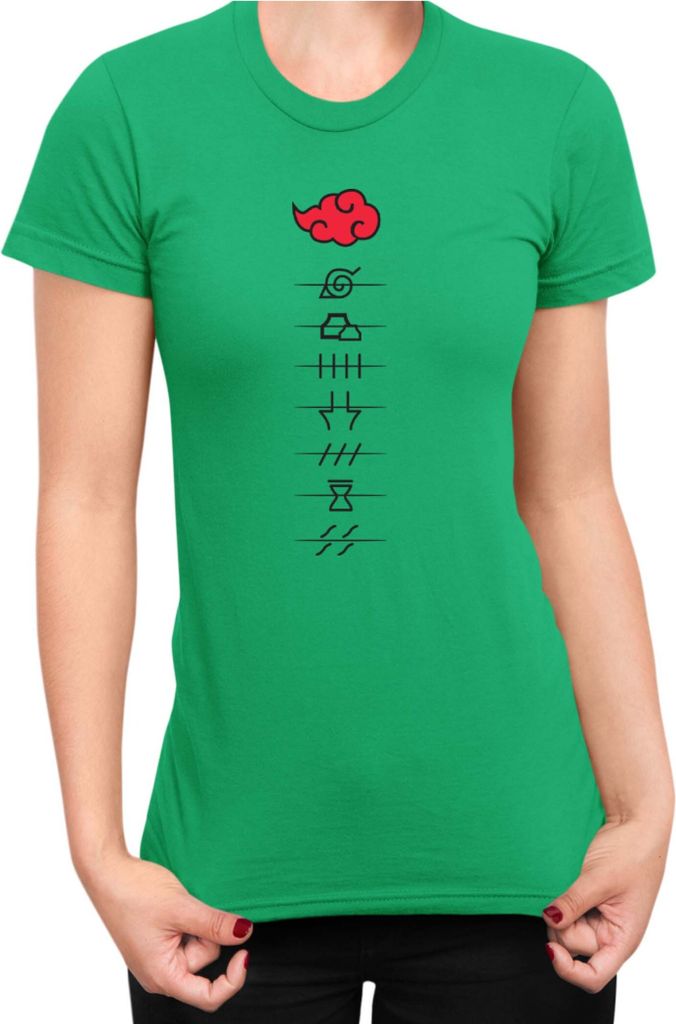 Damen T-Shirt Japan Anime Manga Naruto Akatsuki Members Village Symbols, Lady XL / Grün